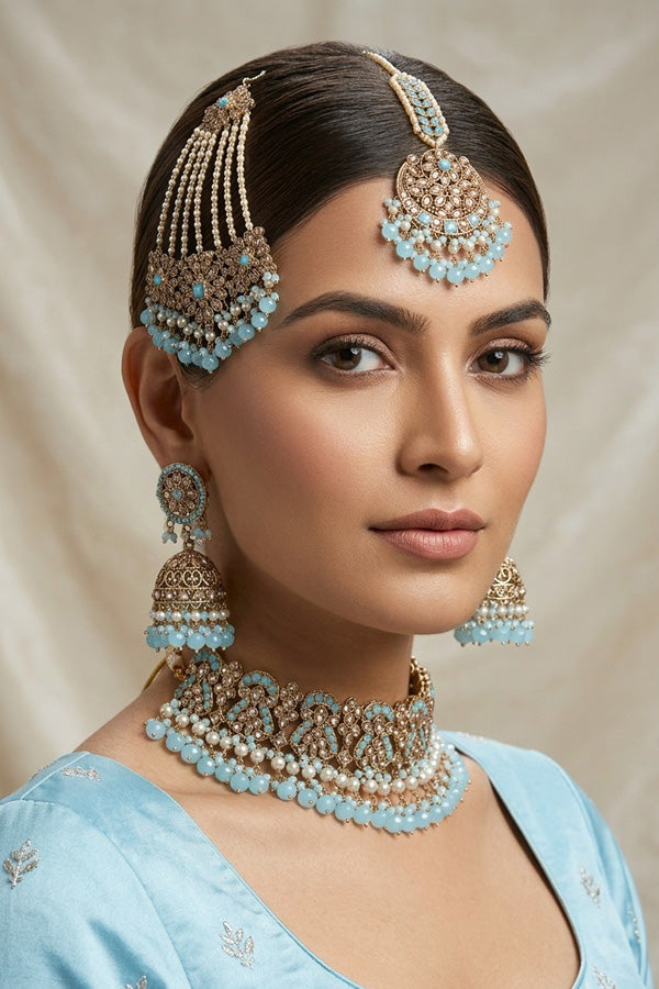 Sky Blue Polki Choker With Jhumka Earring With Attached Saharey Large Tikka And Passa (CS017-SB-Polki-B3)