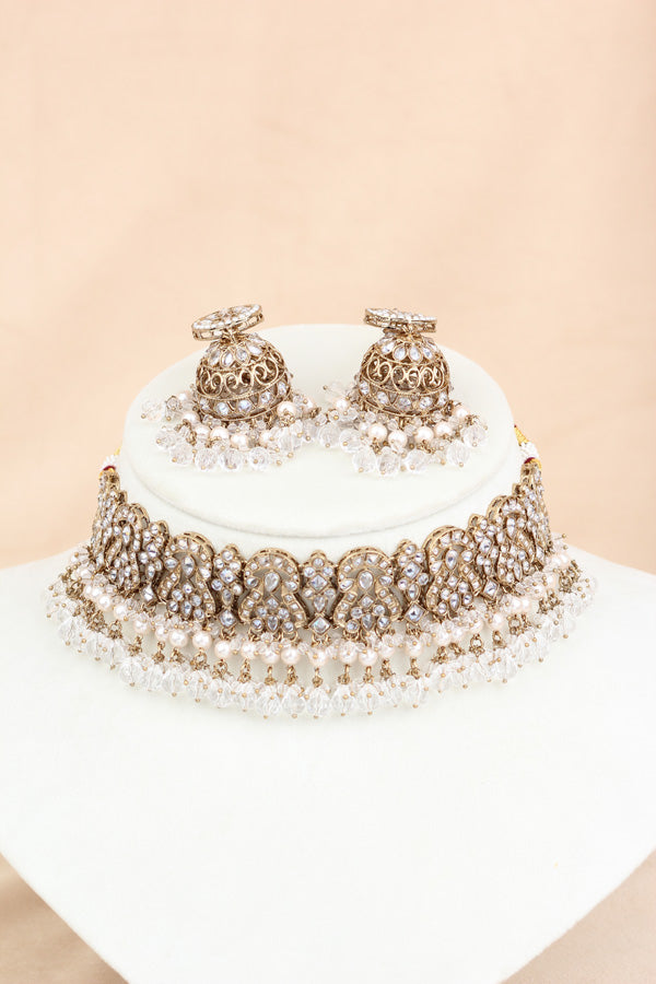 White Polki Choker With Jhumka Earring With Attached Saharey Large Tikka And Passa (CS017-W-Polki-B3)