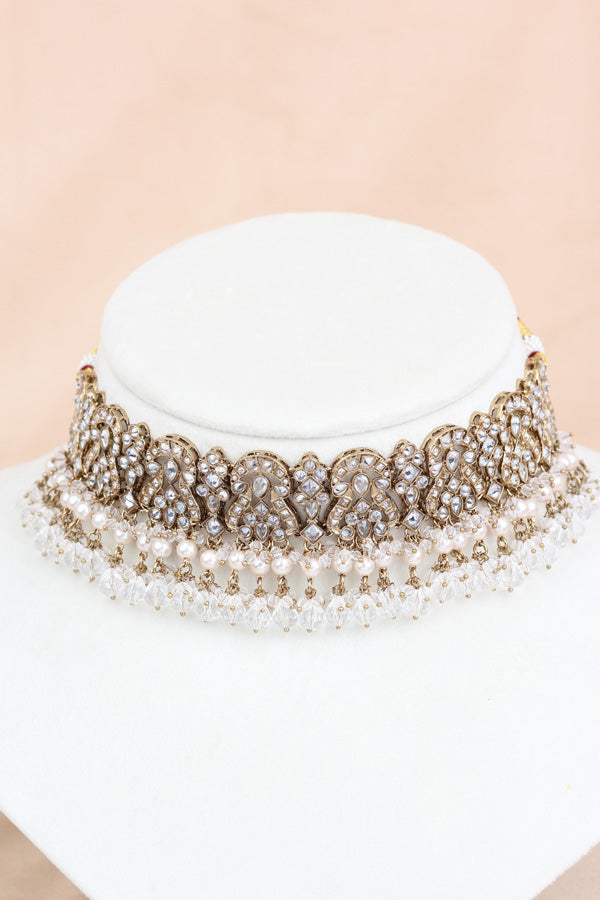 White Polki Choker With Jhumka Earring With Attached Saharey Large Tikka And Passa (CS017-W-Polki-B3)