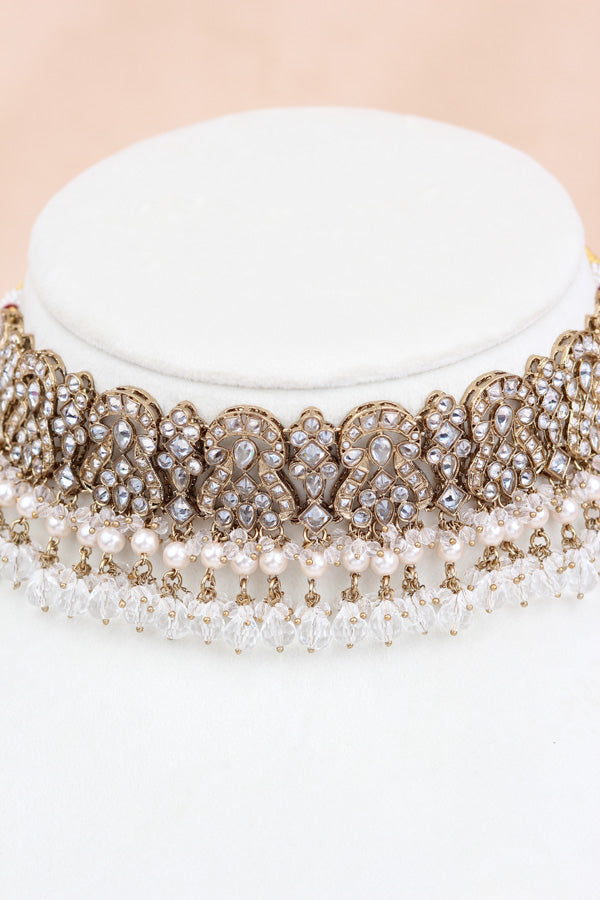 White Polki Choker With Jhumka Earring With Attached Saharey Large Tikka And Passa (CS017-W-Polki-B3)