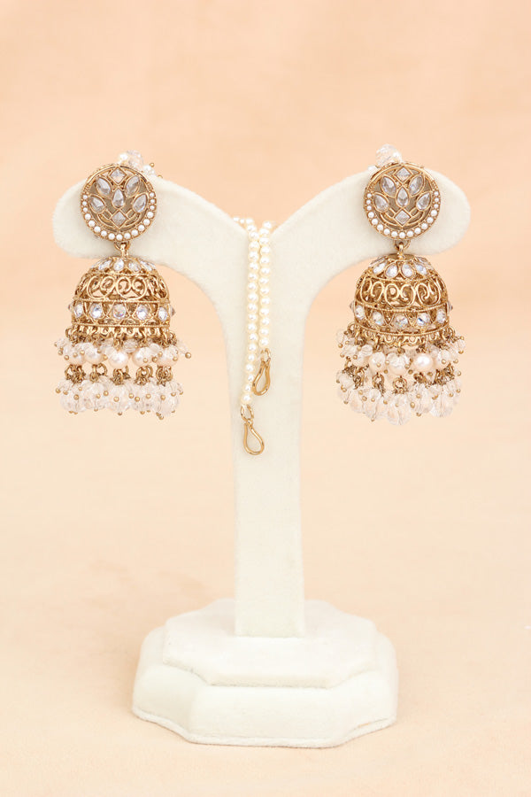 White Polki Choker With Jhumka Earring With Attached Saharey Large Tikka And Passa (CS017-W-Polki-B3)
