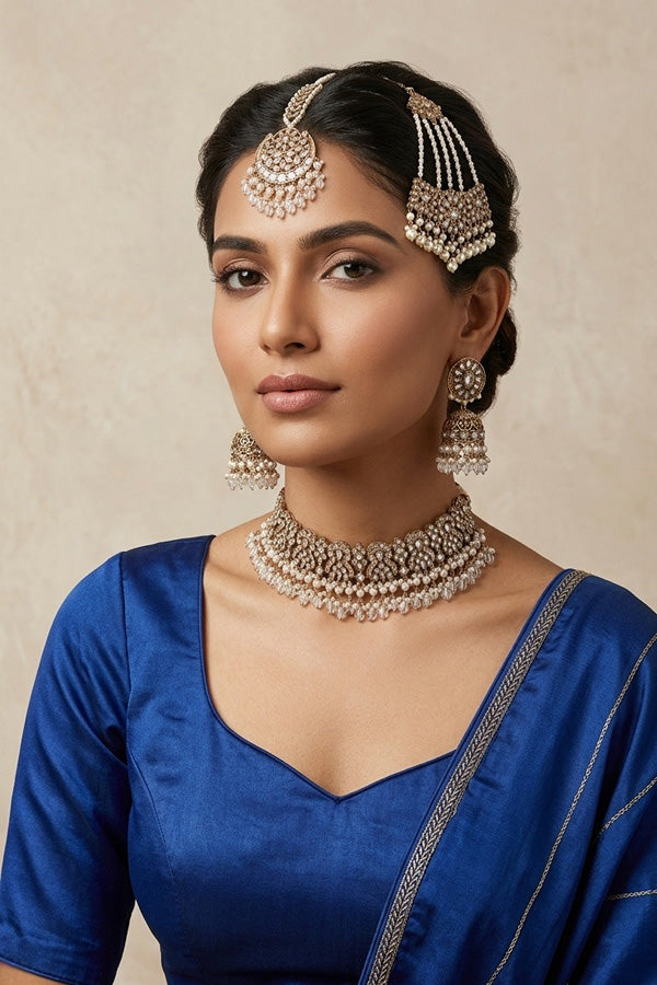 White Polki Choker With Jhumka Earring With Attached Saharey Large Tikka And Passa (CS017-W-Polki-B3)