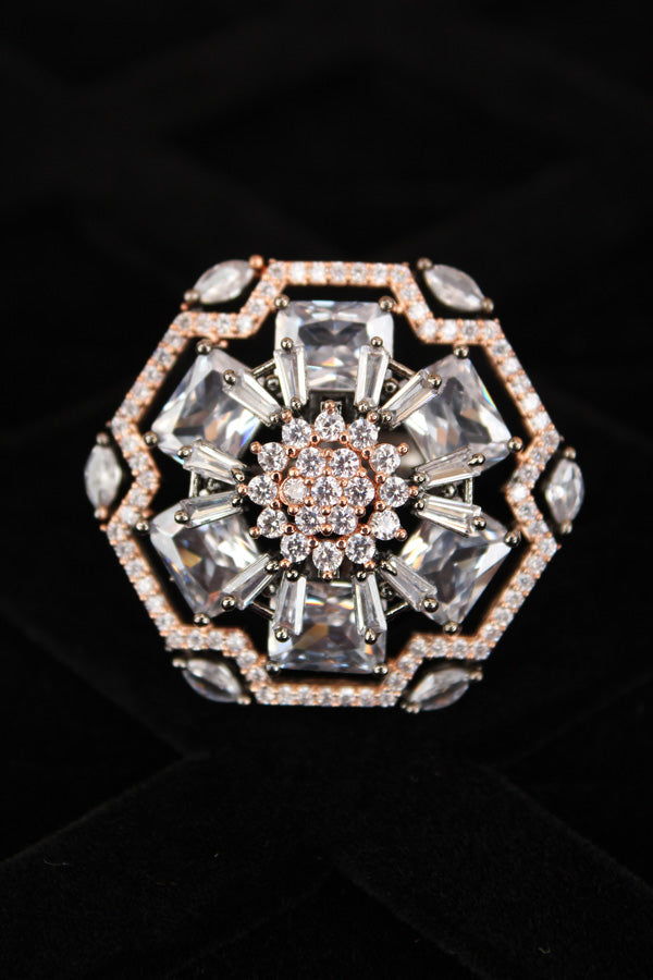 Premium Quality American Diamond Adjustable Ring With Flower Design And Rose Gold Colour (ADR006-RG)