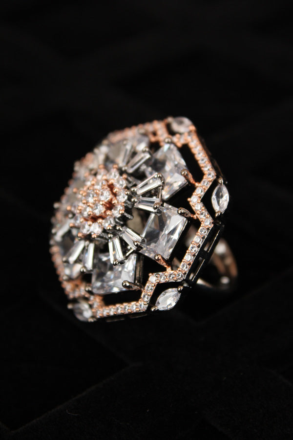 Premium Quality American Diamond Adjustable Ring With Flower Design And Rose Gold Colour (ADR006-RG)