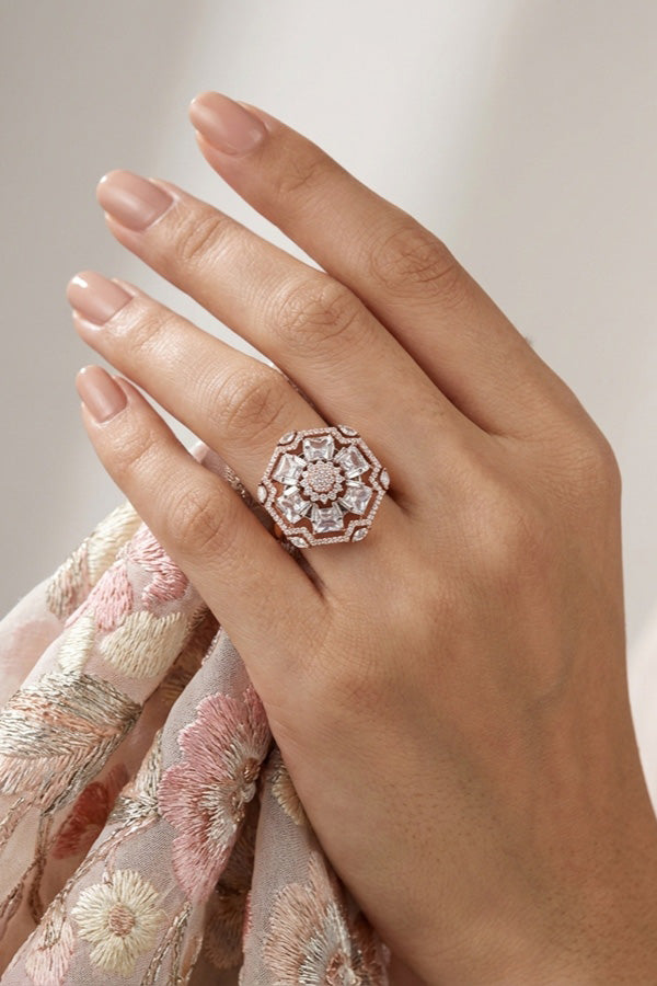 Premium Quality American Diamond Adjustable Ring With Flower Design And Rose Gold Colour (ADR006-RG)