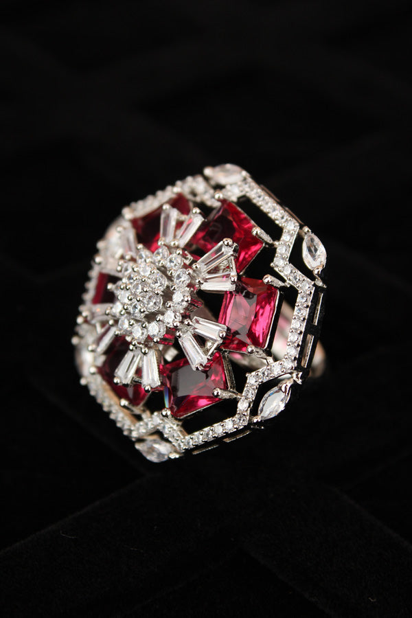 Premium Quality American Diamond Adjustable Ring With Flower Design And Ruby Stones (ADR006-RU)