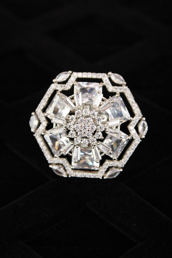 Premium Quality American Diamond Adjustable Ring With Flower Design And Silver Stones (ADR006-S)