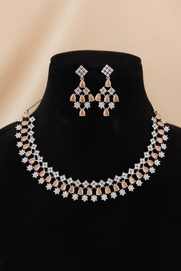 Glamorous American Diamond Necklace Set Filled With Small Details And Peach Colour Stones With Long Earrings (NS006-AD-PE)