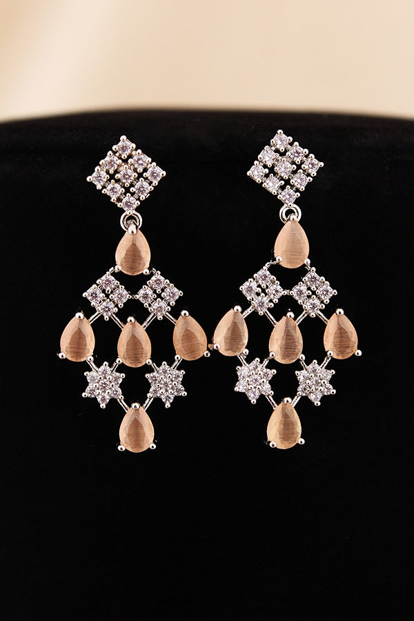 Glamorous American Diamond Necklace Set Filled With Small Details And Peach Colour Stones With Long Earrings (NS006-AD-PE)