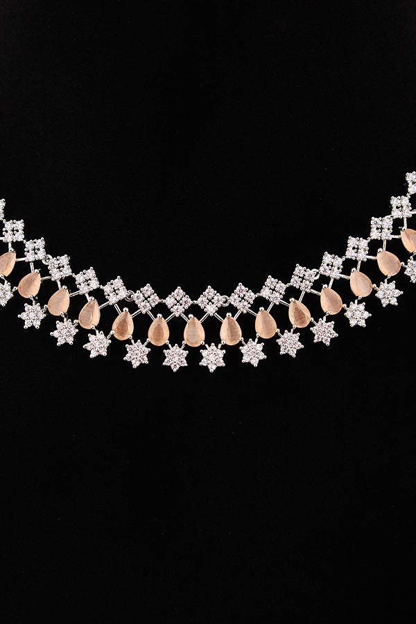 Glamorous American Diamond Necklace Set Filled With Small Details And Peach Colour Stones With Long Earrings (NS006-AD-PE)