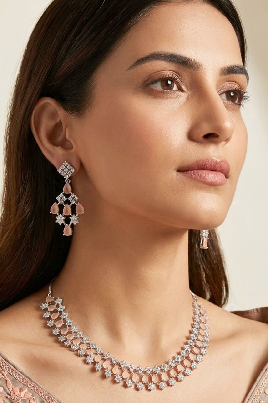 Glamorous American Diamond Necklace Set Filled With Small Details And Peach Colour Stones With Long Earrings (NS006-AD-PE)