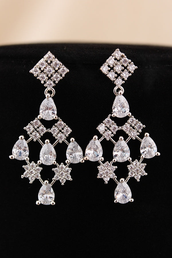 Glamorous American Diamond Necklace Set Filled With Small Details And Wilver Colour Stones With Long Earrings (NS006-AD-S)