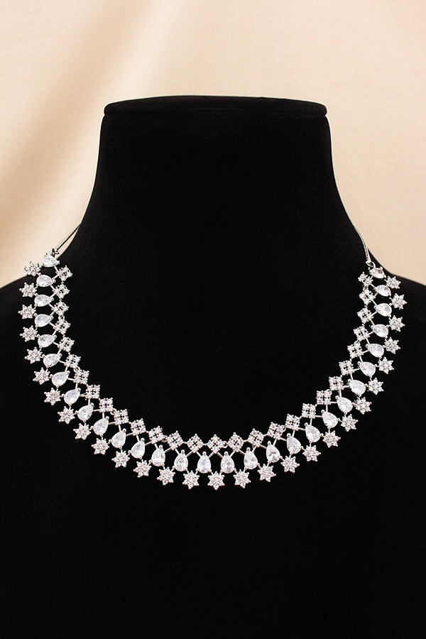 Glamorous American Diamond Necklace Set Filled With Small Details And Wilver Colour Stones With Long Earrings (NS006-AD-S)