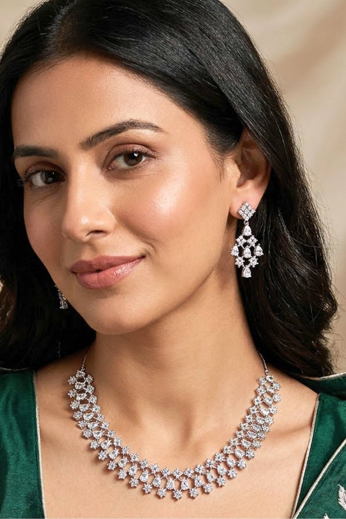 Glamorous American Diamond Necklace Set Filled With Small Details And Wilver Colour Stones With Long Earrings (NS006-AD-S)