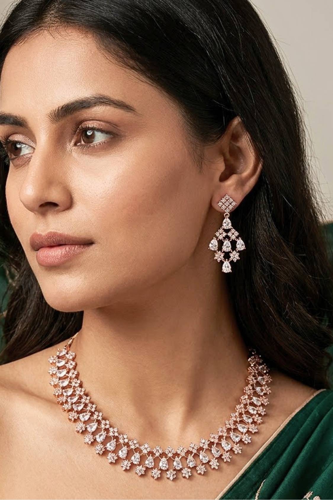 Triple Layer Necklace Set In A Glamorous And Royal Look With Sky Blue Colour Stones And Long Matching Earrings (NS007-AD-SB)