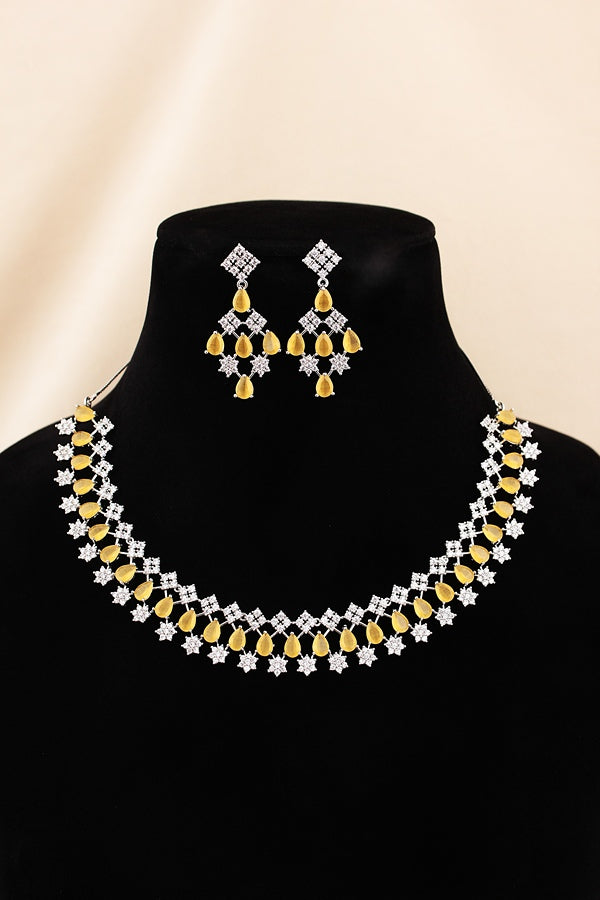 Triple Layer Necklace Set In A Glamorous And Royal Look With White Colour Stones And Long Matching Earrings (NS007-AD-GO)