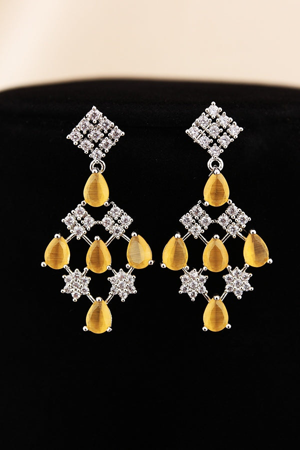 Triple Layer Necklace Set In A Glamorous And Royal Look With White Colour Stones And Long Matching Earrings (NS007-AD-GO)