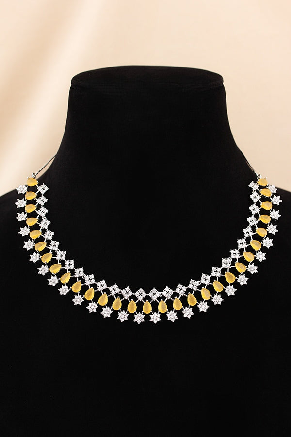 Triple Layer Necklace Set In A Glamorous And Royal Look With White Colour Stones And Long Matching Earrings (NS007-AD-GO)