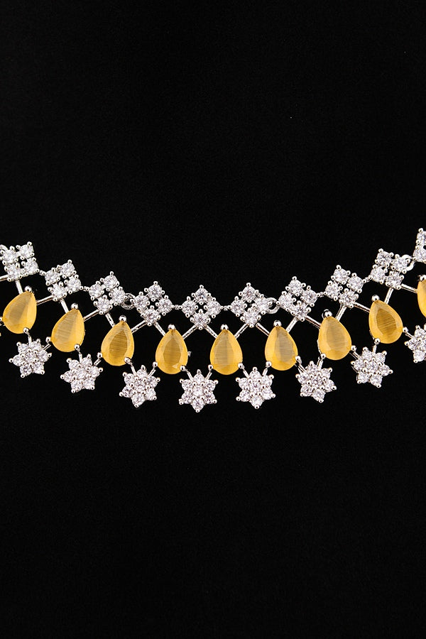 Triple Layer Necklace Set In A Glamorous And Royal Look With White Colour Stones And Long Matching Earrings (NS007-AD-GO)