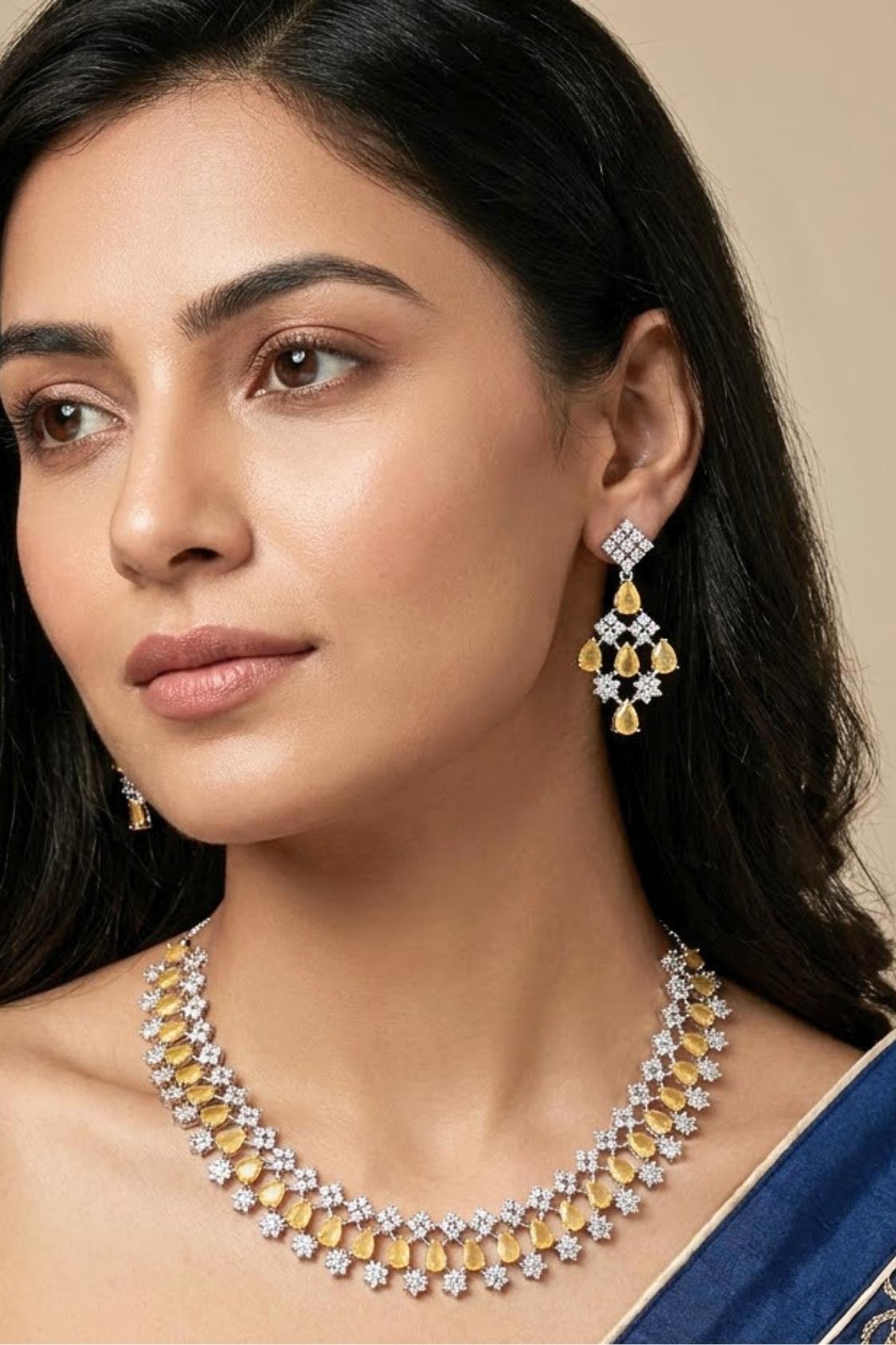 Triple Layer Necklace Set In A Glamorous And Royal Look With White Colour Stones And Long Matching Earrings (NS007-AD-GO)