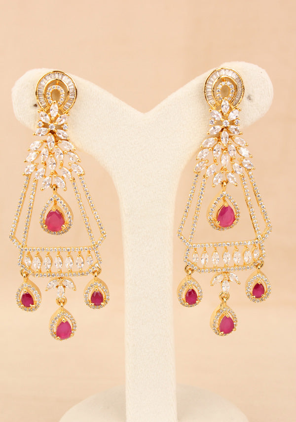 Premium Quality Gold Polish Danglers With Center Design And Ruby Colour Stones (ADE013-RU)