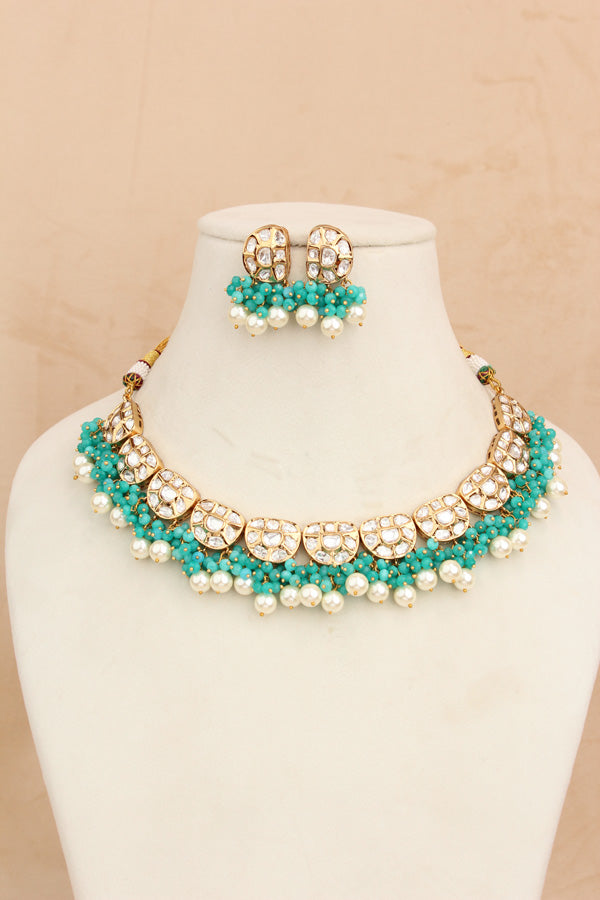 Premium Quality Kundan Necklace Set With White Pearls And Aqua Green Crystal Beads (NKS035-AG)