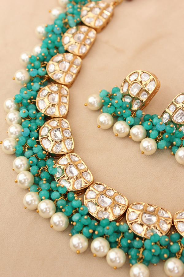 Premium Quality Kundan Necklace Set With White Pearls And Aqua Green Crystal Beads (NKS035-AG)