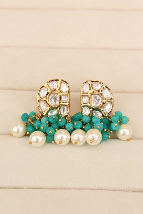Premium Quality Kundan Necklace Set With White Pearls And Aqua Green Crystal Beads (NKS035-AG)