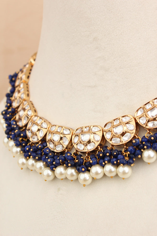 Premium Quality Kundan Necklace Set With White Pearls And Blue Crystal Beads (NKS035-B)