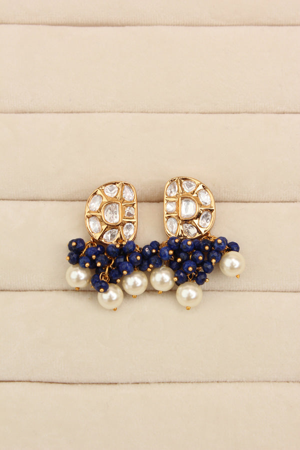 Premium Quality Kundan Necklace Set With White Pearls And Blue Crystal Beads (NKS035-B)