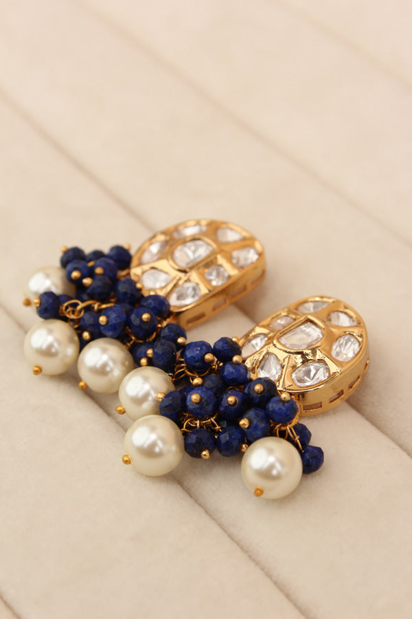 Premium Quality Kundan Necklace Set With White Pearls And Blue Crystal Beads (NKS035-B)