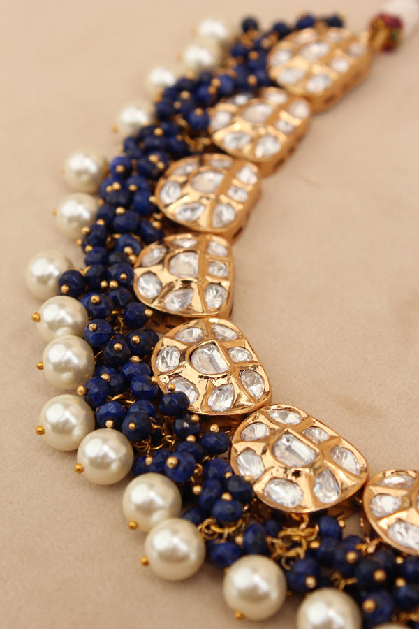 Premium Quality Kundan Necklace Set With White Pearls And Blue Crystal Beads (NKS035-B)