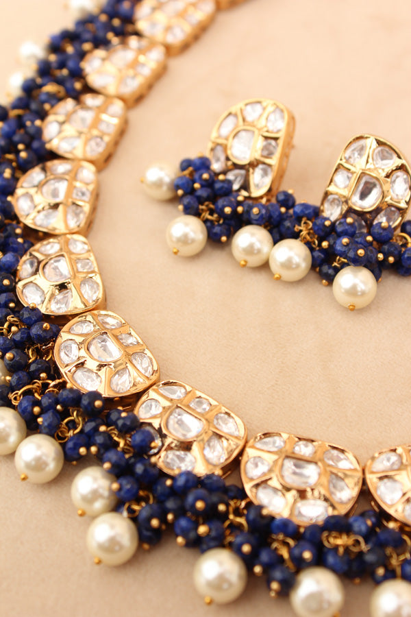 Premium Quality Kundan Necklace Set With White Pearls And Blue Crystal Beads (NKS035-B)