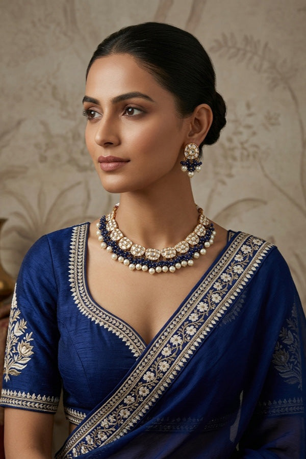 Premium Quality Kundan Necklace Set With White Pearls And Blue Crystal Beads (NKS035-B)