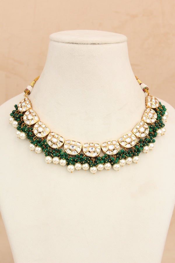 Premium Quality Kundan Necklace Set With White Pearls And Green Crystal Beads (NKS035-G)