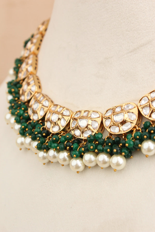 Premium Quality Kundan Necklace Set With White Pearls And Green Crystal Beads (NKS035-G)