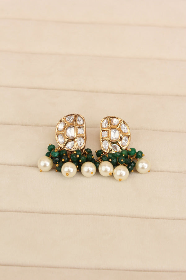 Premium Quality Kundan Necklace Set With White Pearls And Green Crystal Beads (NKS035-G)