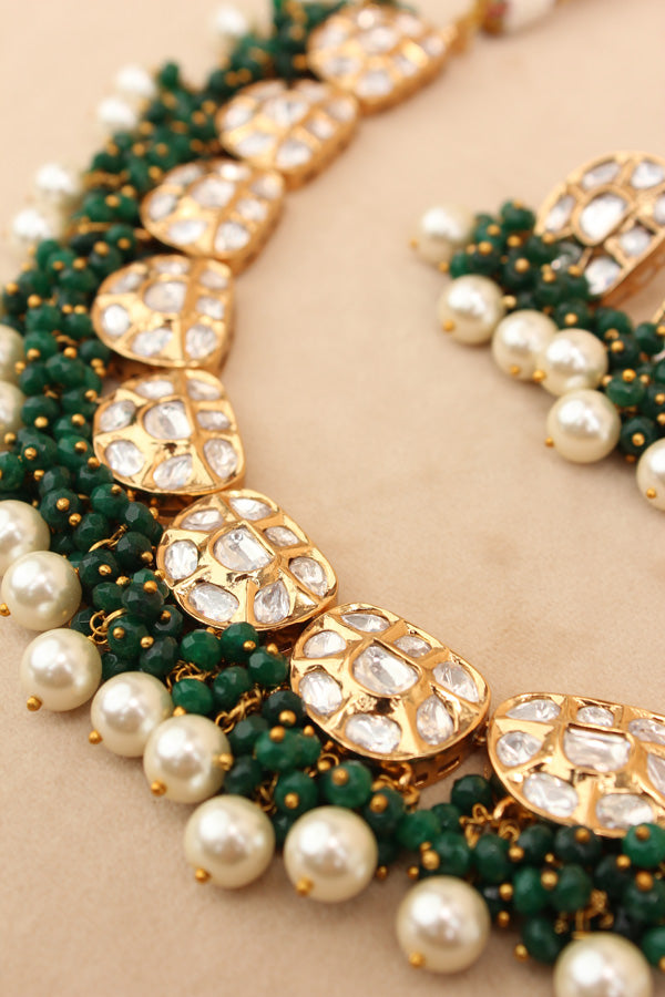 Premium Quality Kundan Necklace Set With White Pearls And Green Crystal Beads (NKS035-G)