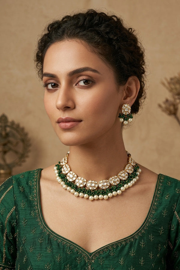 Premium Quality Kundan Necklace Set With White Pearls And Green Crystal Beads (NKS035-G)