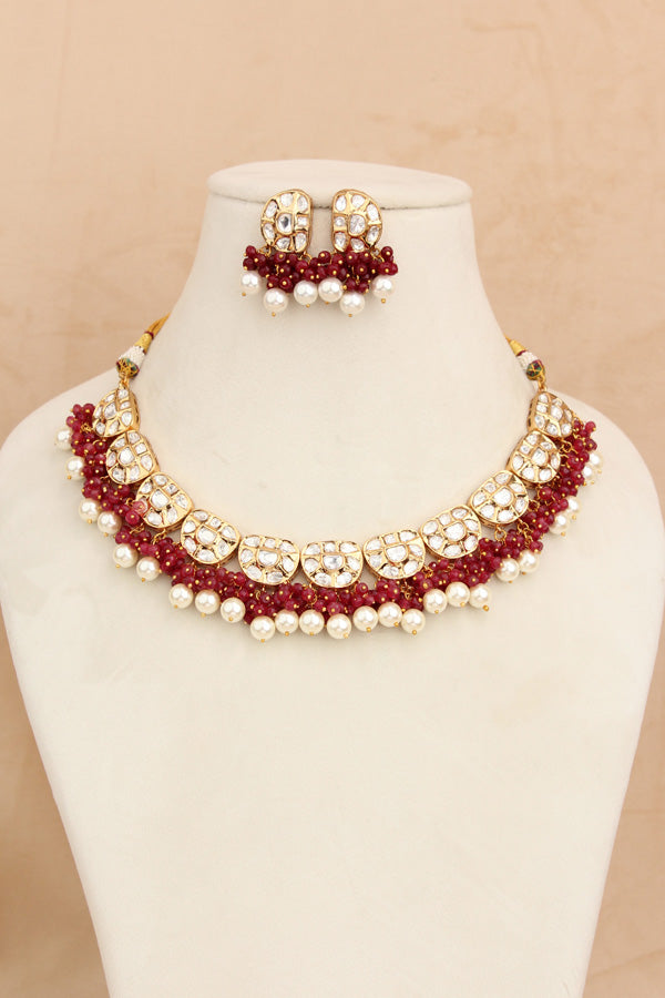 Premium Quality Kundan Necklace Set With White Pearls And Red Crystal Beads (NKS035-R)