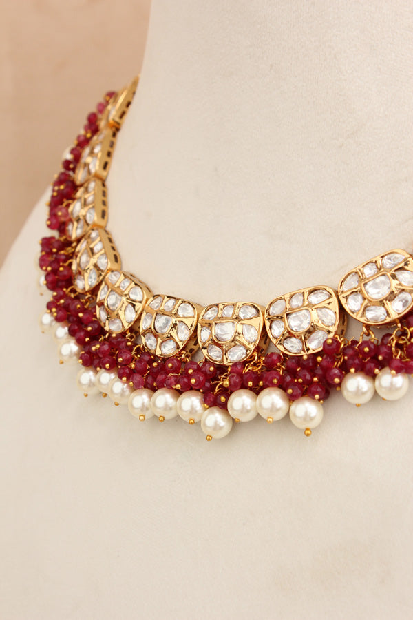 Premium Quality Kundan Necklace Set With White Pearls And Red Crystal Beads (NKS035-R)