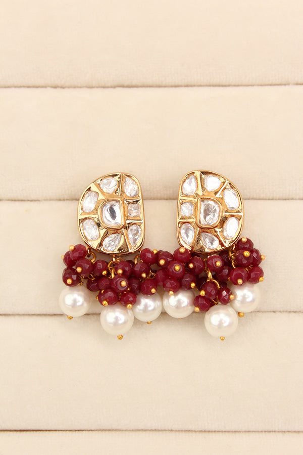 Premium Quality Kundan Necklace Set With White Pearls And Red Crystal Beads (NKS035-R)