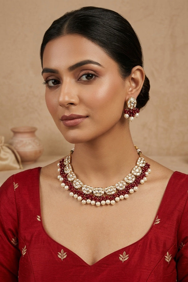 Premium Quality Kundan Necklace Set With White Pearls And Red Crystal Beads (NKS035-R)