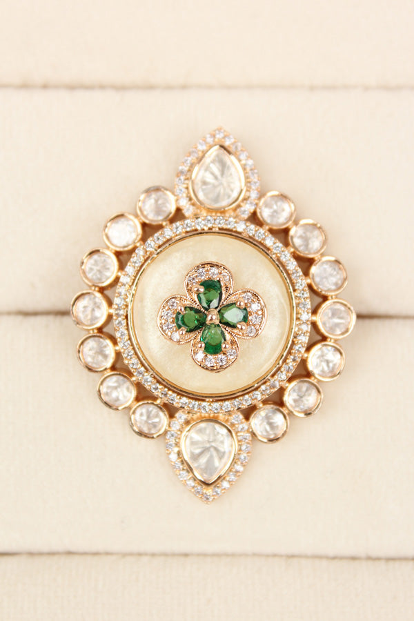 Premium Quality Kundan Ring With Center Flower Design And Green Colour Stones Adjustable Ring (KR001-G)