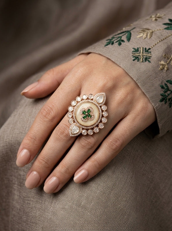 Premium Quality Kundan Ring With Center Flower Design And Green Colour Stones Adjustable Ring (KR001-G)