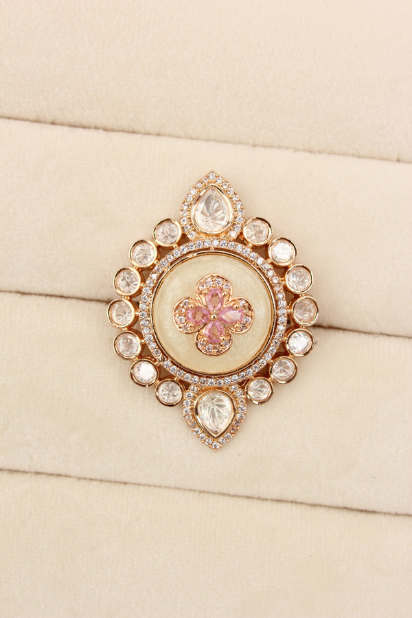 Premium Quality Kundan Ring With Center Flower Design And Pink Colour Stones Adjustable Ring (KR001-P)