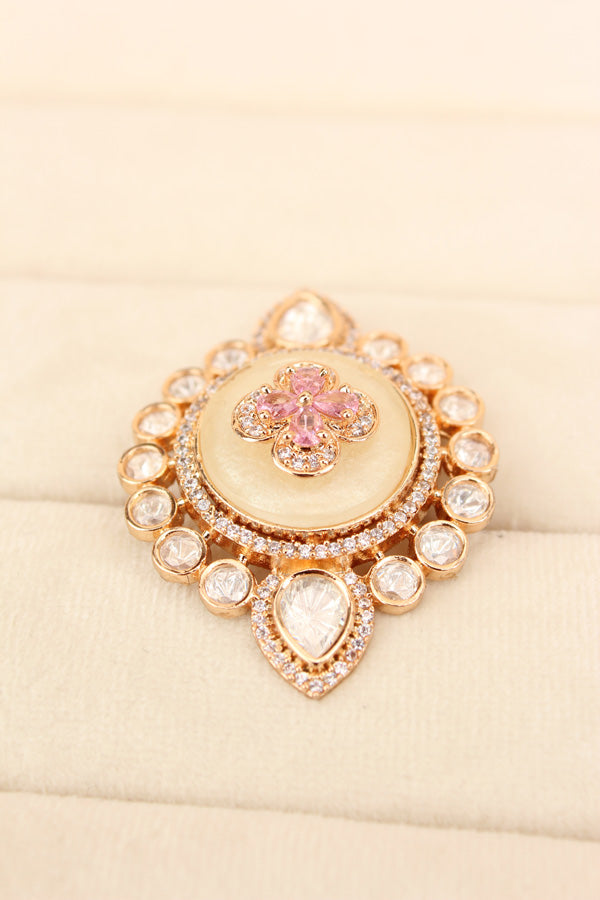 Premium Quality Kundan Ring With Center Flower Design And Pink Colour Stones Adjustable Ring (KR001-P)