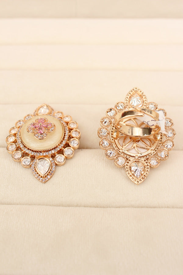 Premium Quality Kundan Ring With Center Flower Design And Pink Colour Stones Adjustable Ring (KR001-P)