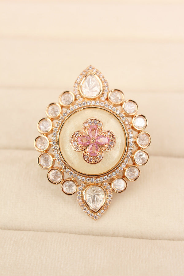 Premium Quality Kundan Ring With Center Flower Design And Pink Colour Stones Adjustable Ring (KR001-P)