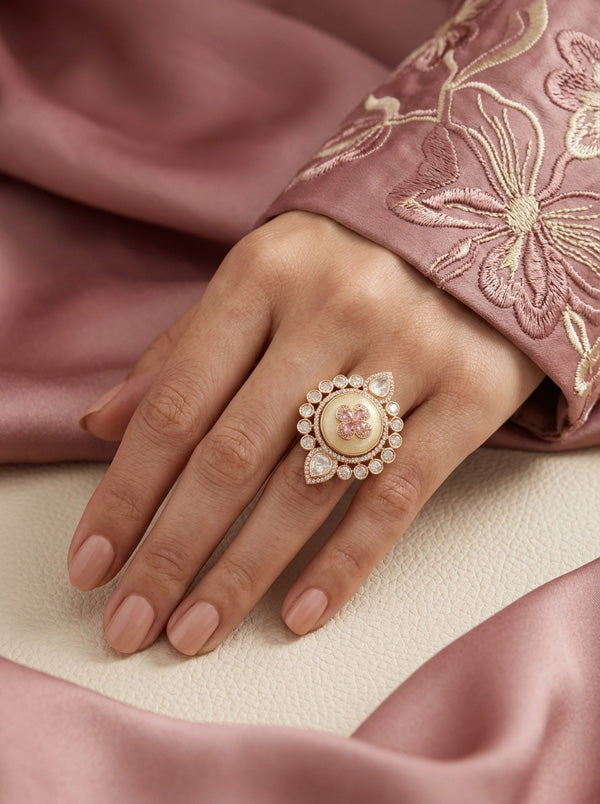 Premium Quality Kundan Ring With Center Flower Design And Pink Colour Stones Adjustable Ring (KR001-P)